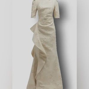 Neiman Marcus Mother of Bride Formal Gold Side Ruffle Trumpet Jacquard Gown sz 2